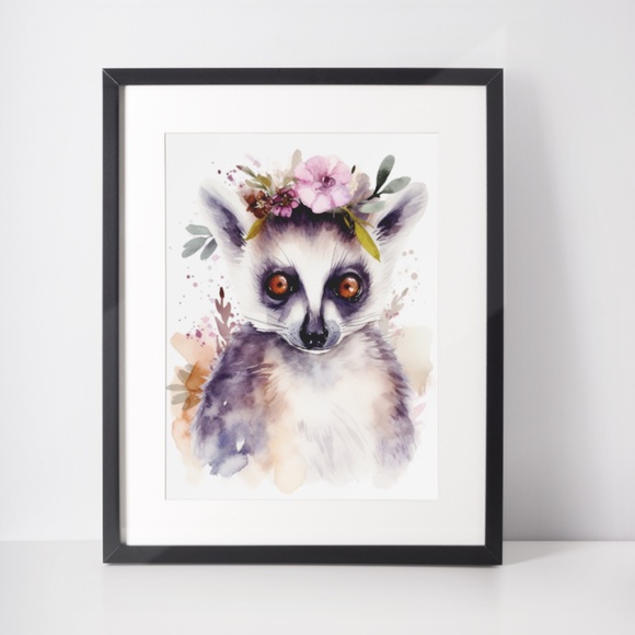 Watercolor Floral Lemur Portrait Wall Art Illustration Print Poster Unframed - Picture 2 of 5
